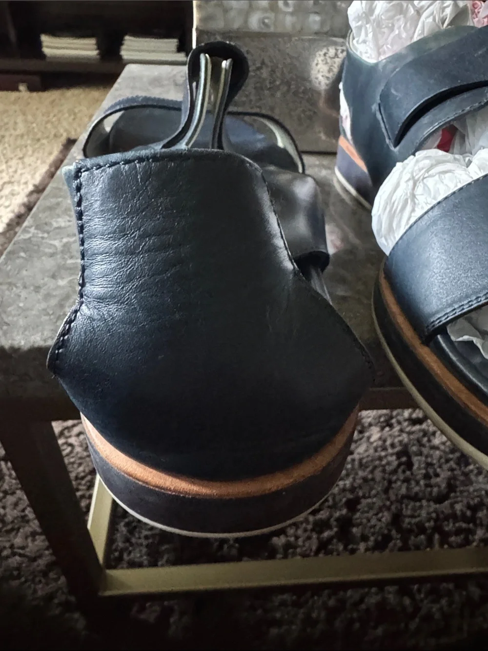 Salvatore Ferragamo Beige and Navy Leather, Rubber Sole Detail